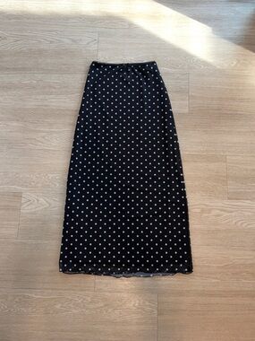 Free Haven XS Bodycon Mesh Maxi Skirt Black with White Polka Dots, Lined, Bow
